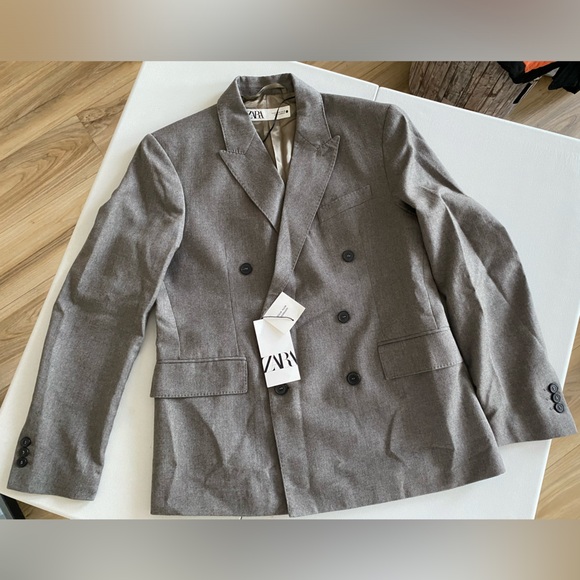 Zara Taupe Gray Double Breasted Wool Blazer Coat ZW Collection NWT - Picture 2 of 16